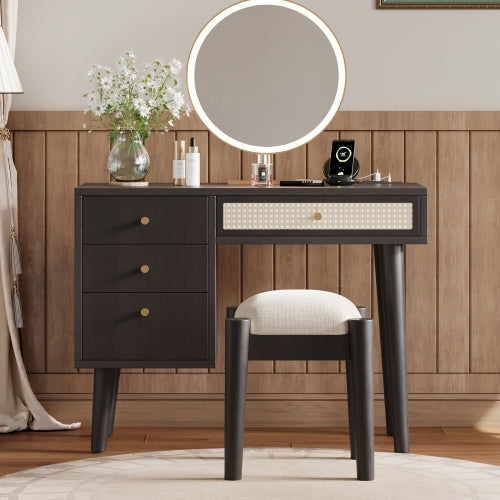 39" Retro Bohemian Style Wooden Makeup Vanity Set with Charging Plug&USB Port and Stool