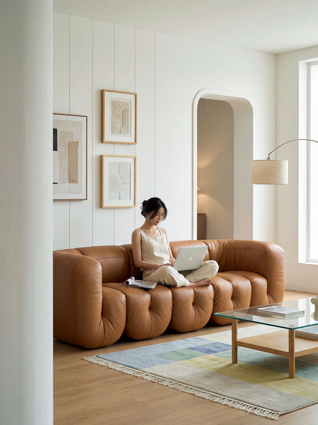 Vertical Tufted Brown Leather Curved Sofa for Luxury Residence QY-S1564