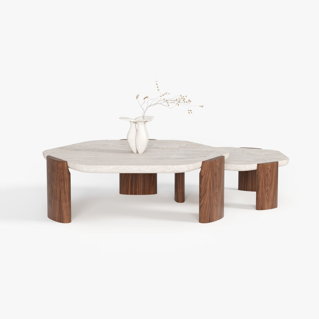 Round Stone Top Solid Wood Leg Coffee Table A003
