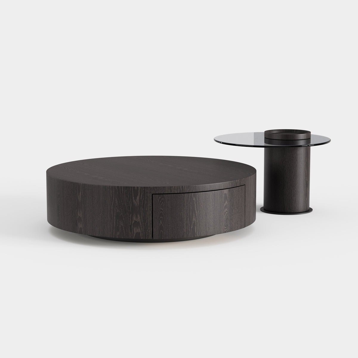 Dark Wood Grain Round Storage Coffee Table, Matching Side Table Set for Modern Living Room A012