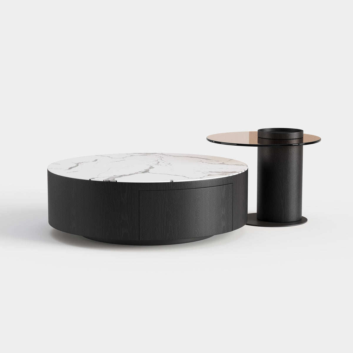 Dual-combination Round Coffee Table Set, Marble Top & Black Pedestal Center Table for High-end Residence A014