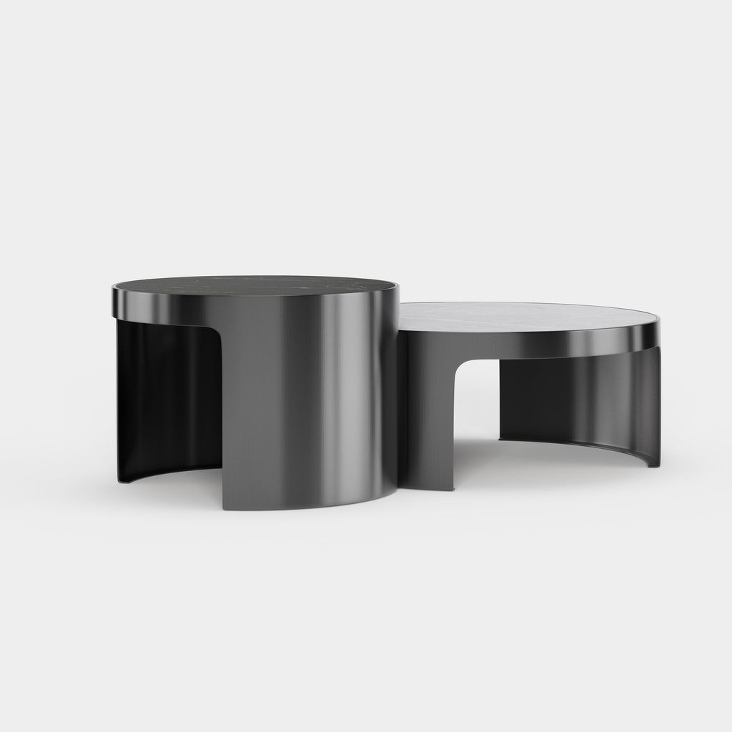 Dual Round Nesting Coffee Table Set, Black & White Stone Top Metal Base Center Table for Modern Home A018