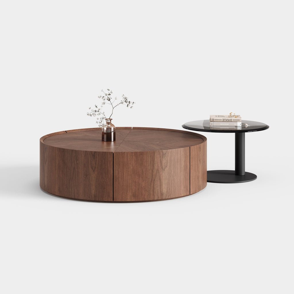 Solid Wood Round Storage Coffee Table with Side Accent Table, Italian Minimalist Center Table for Villa A019