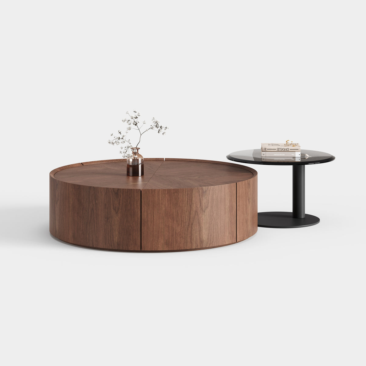 Solid Wood Round Storage Coffee Table with Side Accent Table, Italian Minimalist Center Table for Villa A019