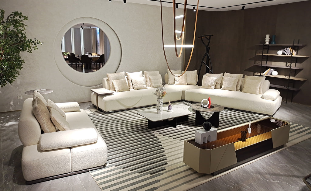 Luxury Beige L-Shaped Sectional Sofa Set with Marble Coffee Tables
