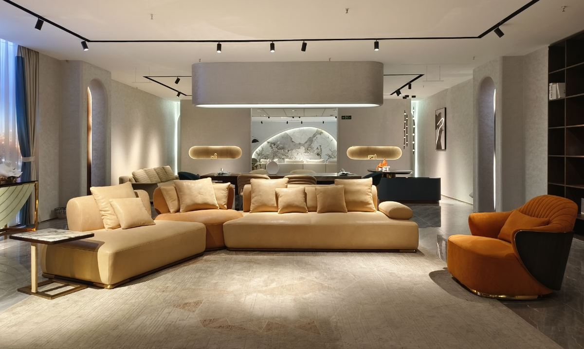 Luxury Beige L-Shaped Sectional Sofa Set with Marble Coffee Tables
