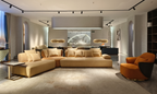 Luxury Beige L-Shaped Sectional Sofa Set with Marble Coffee Tables