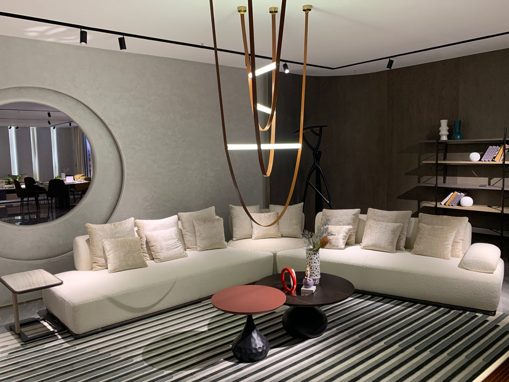 Luxury Beige L-Shaped Sectional Sofa Set with Marble Coffee Tables