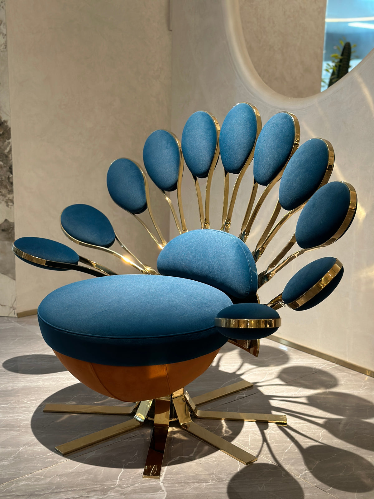 Peacock-Inspired Blue & Gold Accent Chair