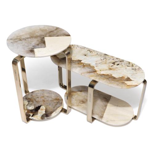 Elegant Vein Marble Double - Tier Oval Side Table