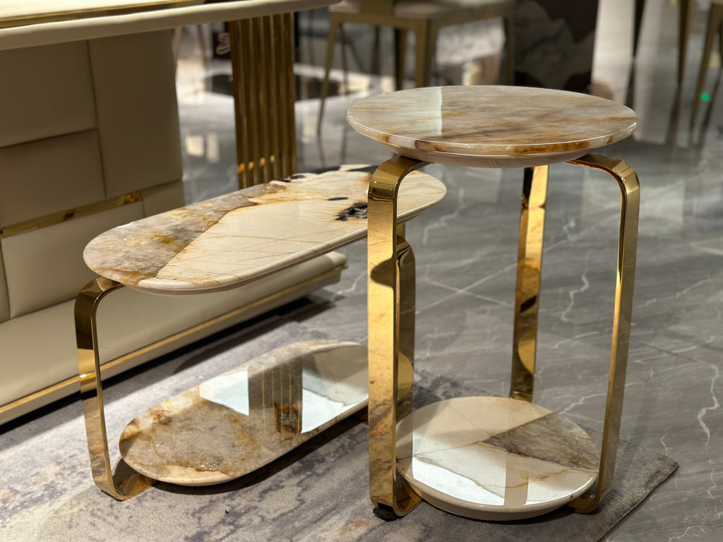 Elegant Vein Marble Double - Tier Oval Side Table