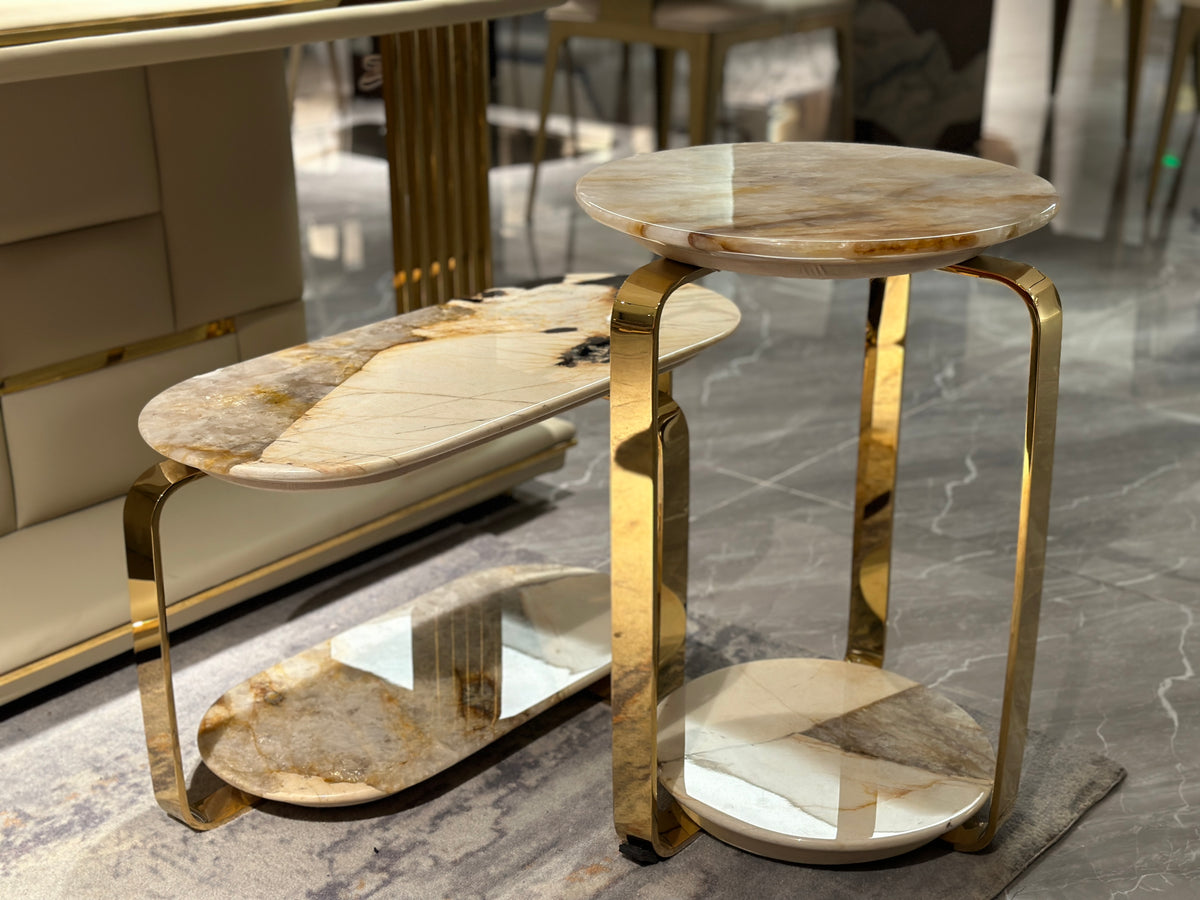 Elegant Vein Marble Double - Tier Oval Side Table