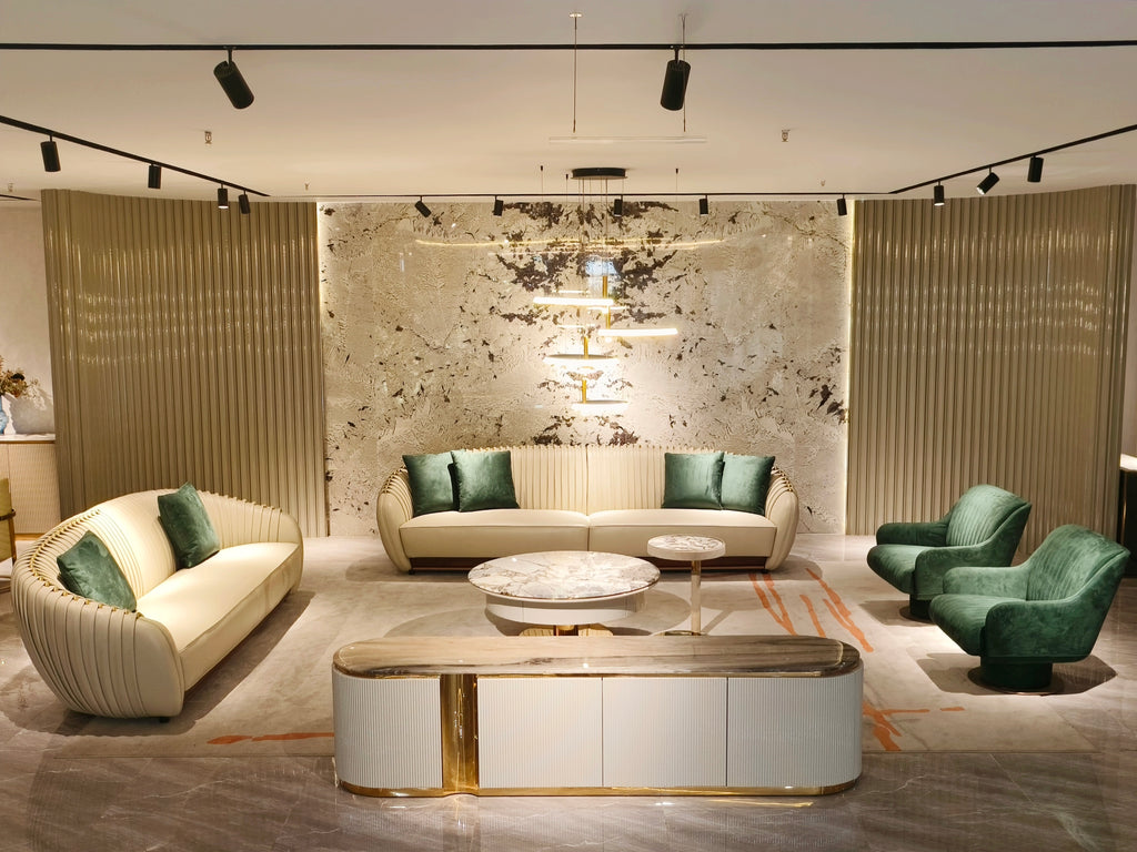 Luxury Beige Leather Sofa with Decorative Accent Pillows