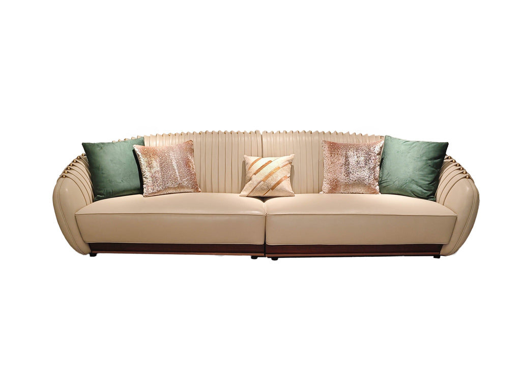 Luxury Beige Leather Sofa with Decorative Accent Pillows