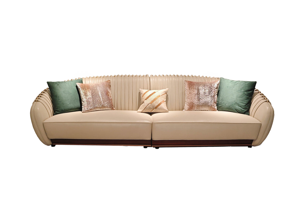 Luxury Beige Leather Sofa with Decorative Accent Pillows