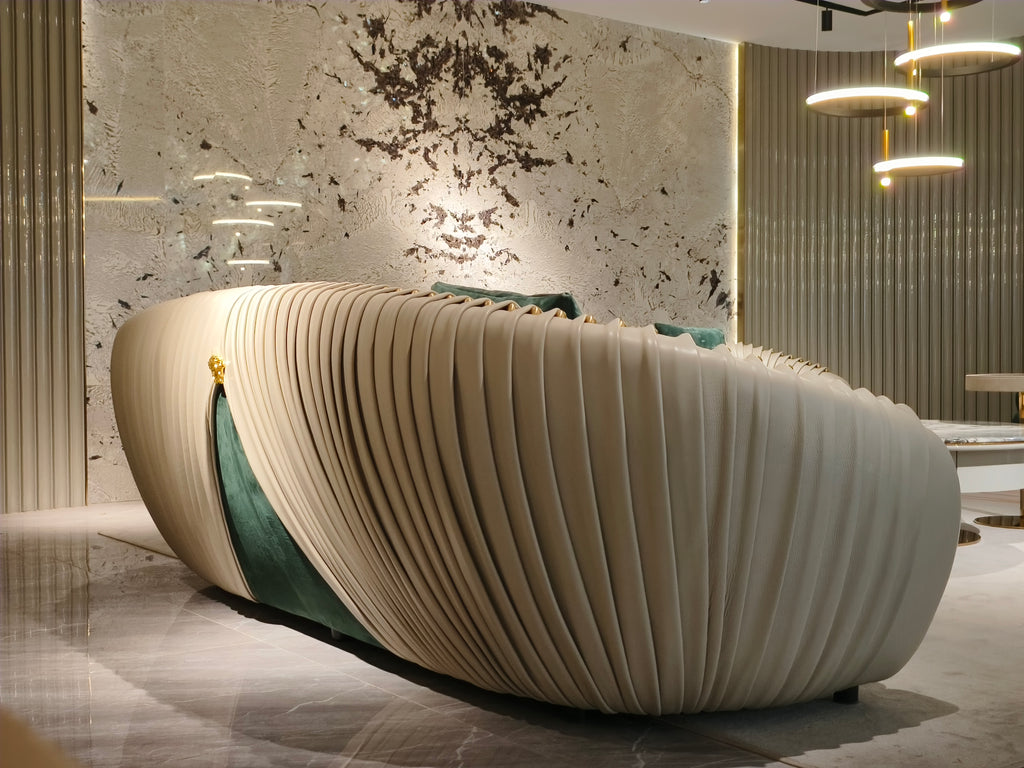 Luxury Beige Leather Sofa with Decorative Accent Pillows