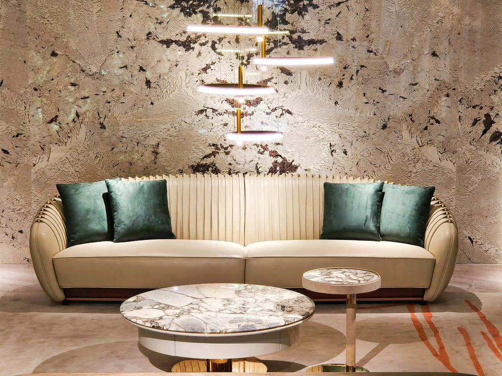 Luxury Beige Leather Sofa with Decorative Accent Pillows