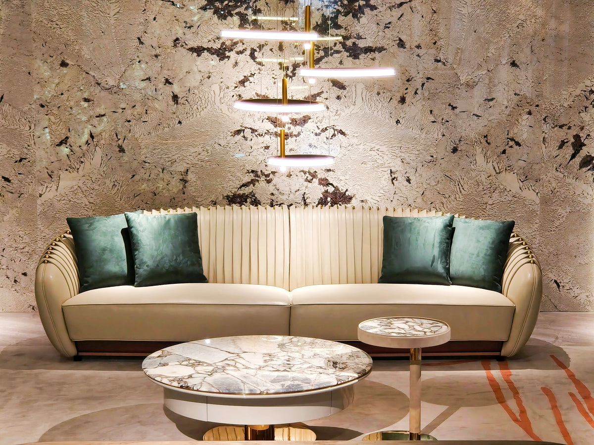 Luxury Beige Leather Sofa with Decorative Accent Pillows