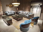 Luxury Cream Leather Sofa with Gold Accents and Decorative Pillows
