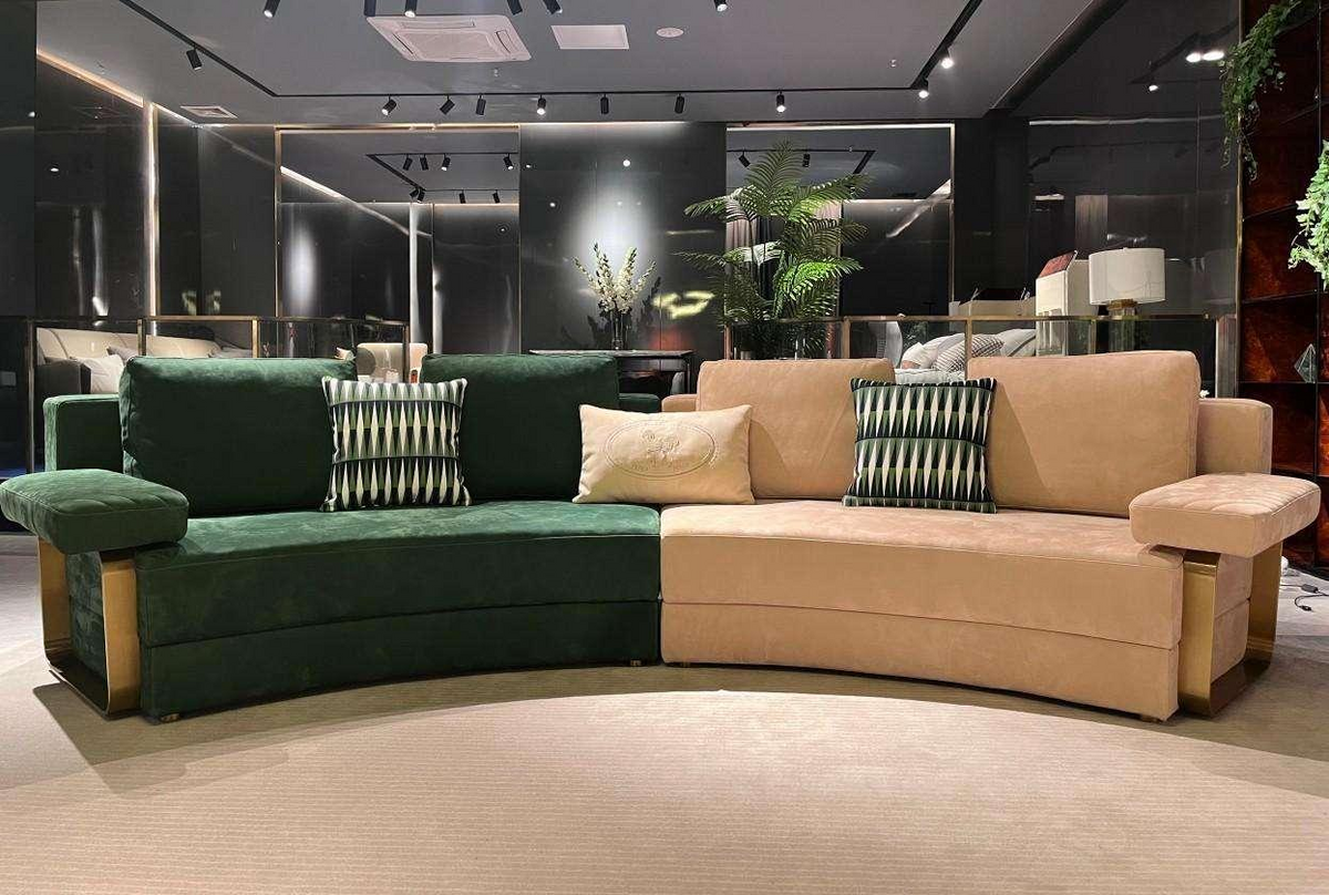 Premium Green & Beige Velvet Corner Sofa