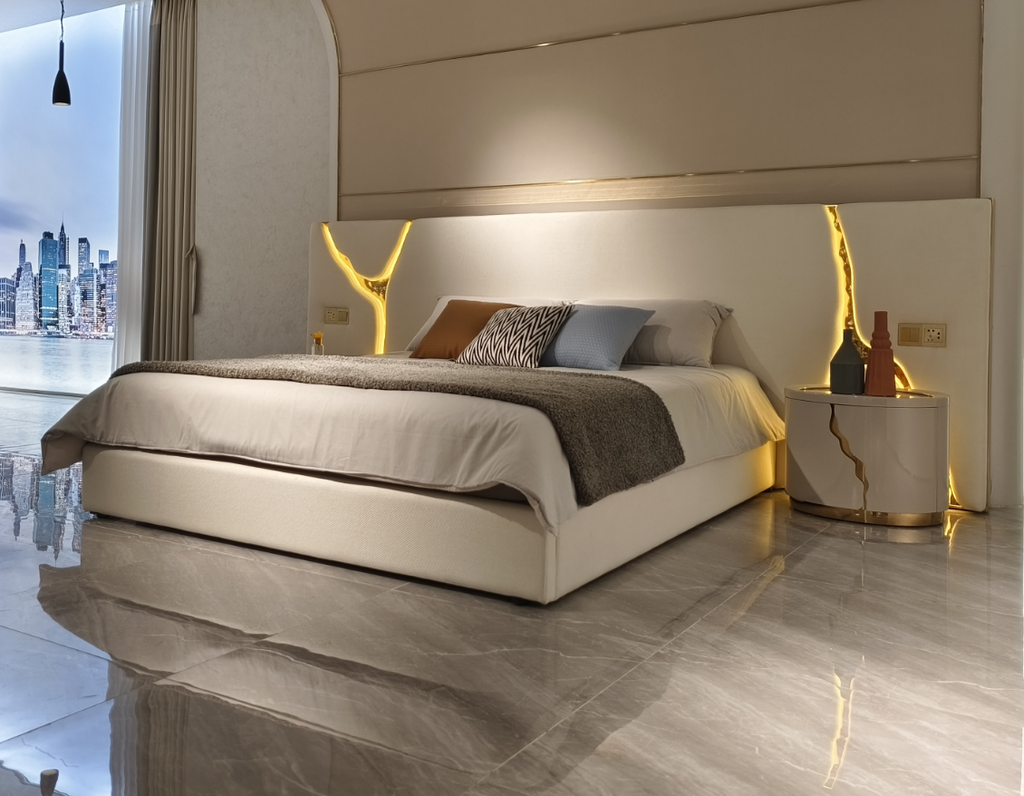 Luxury Bed with Gold Vein-Accented Headboard