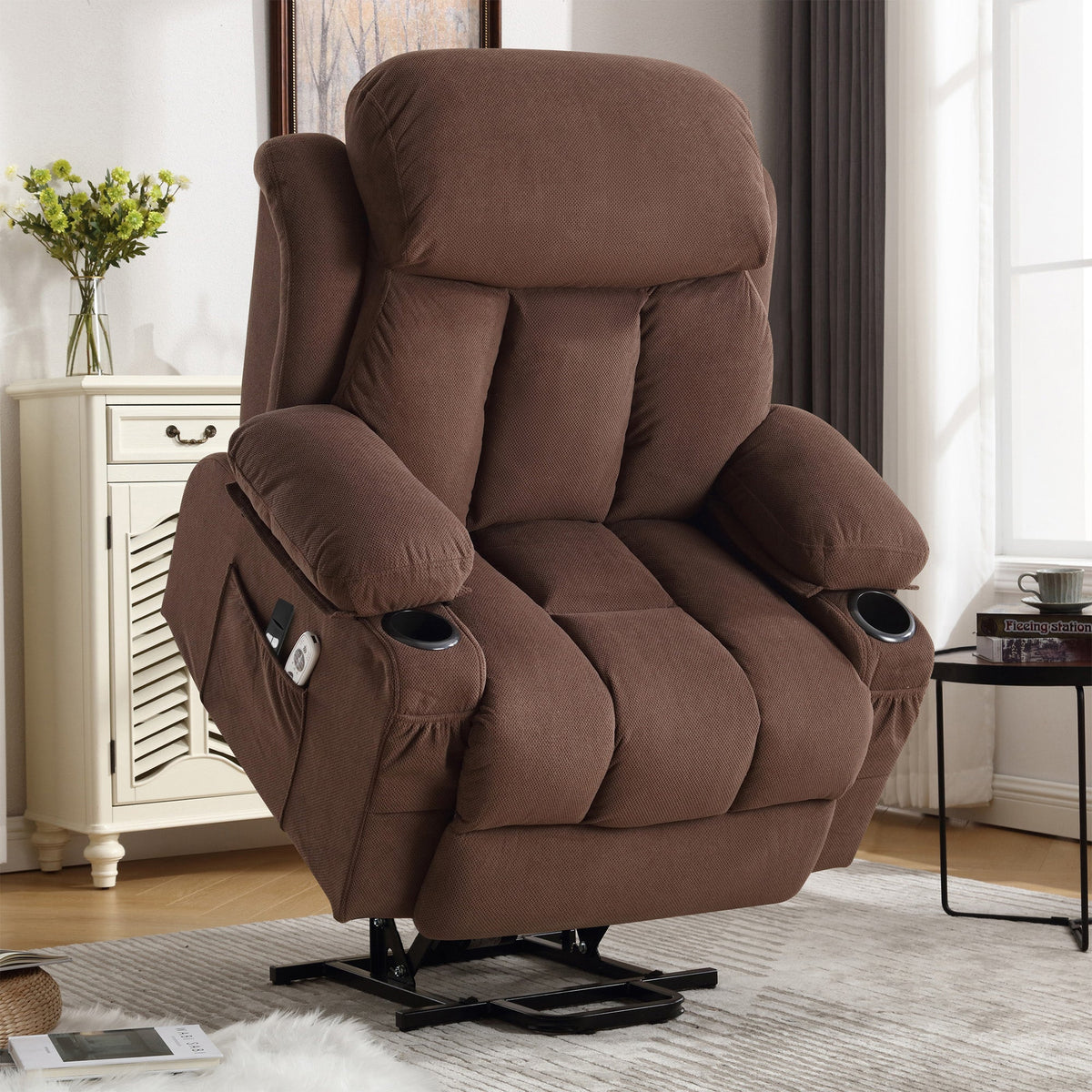 Power Lift Recliner Chair with Heat and Massage Electric Fabric Recliner Chair for Elderly with Side Pocket, USB Charge Port, Remote Control for Living Room (BROWN)