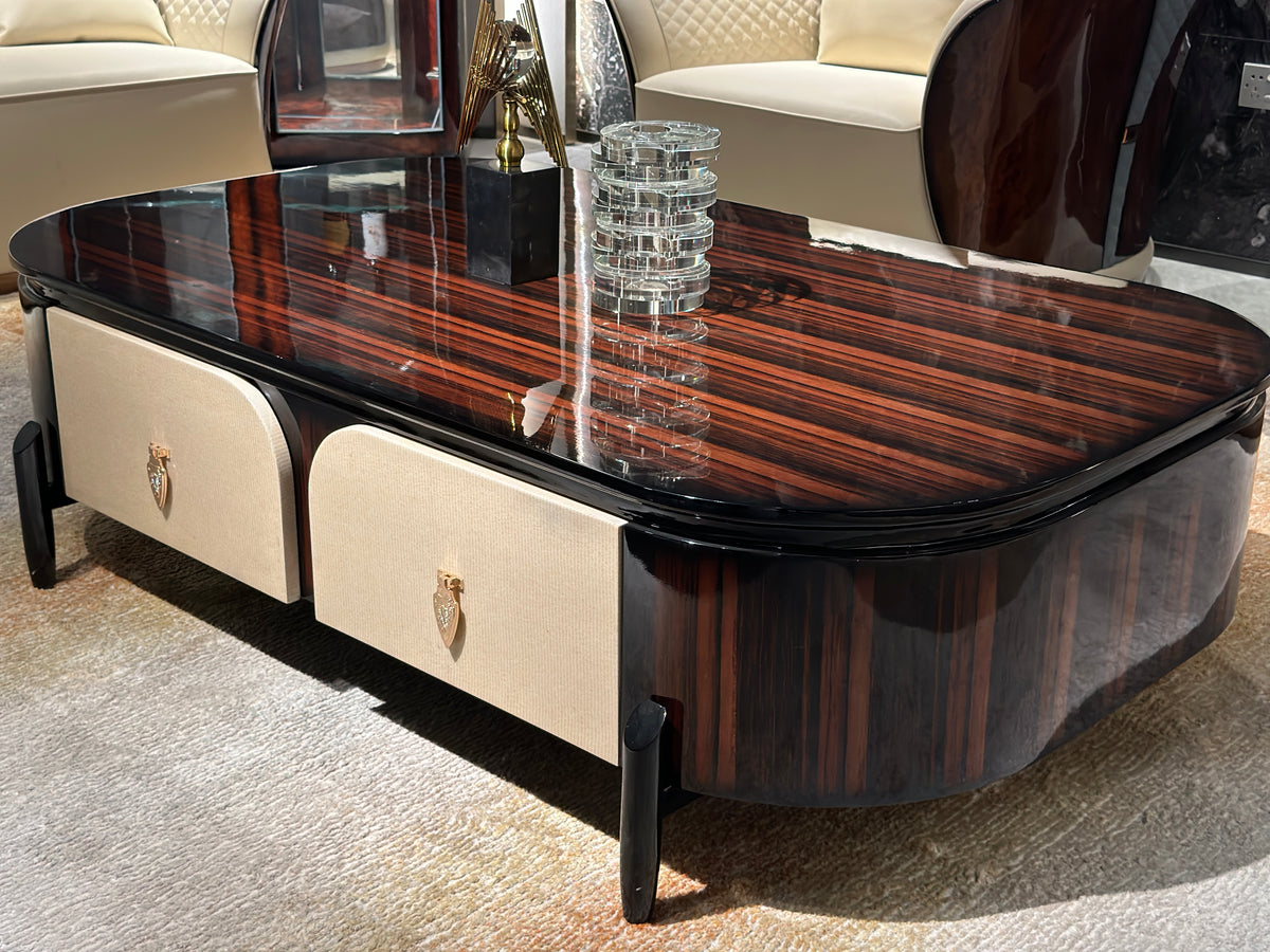 Luxury Burl Veneer Coffee Table with Beige Storage Drawers