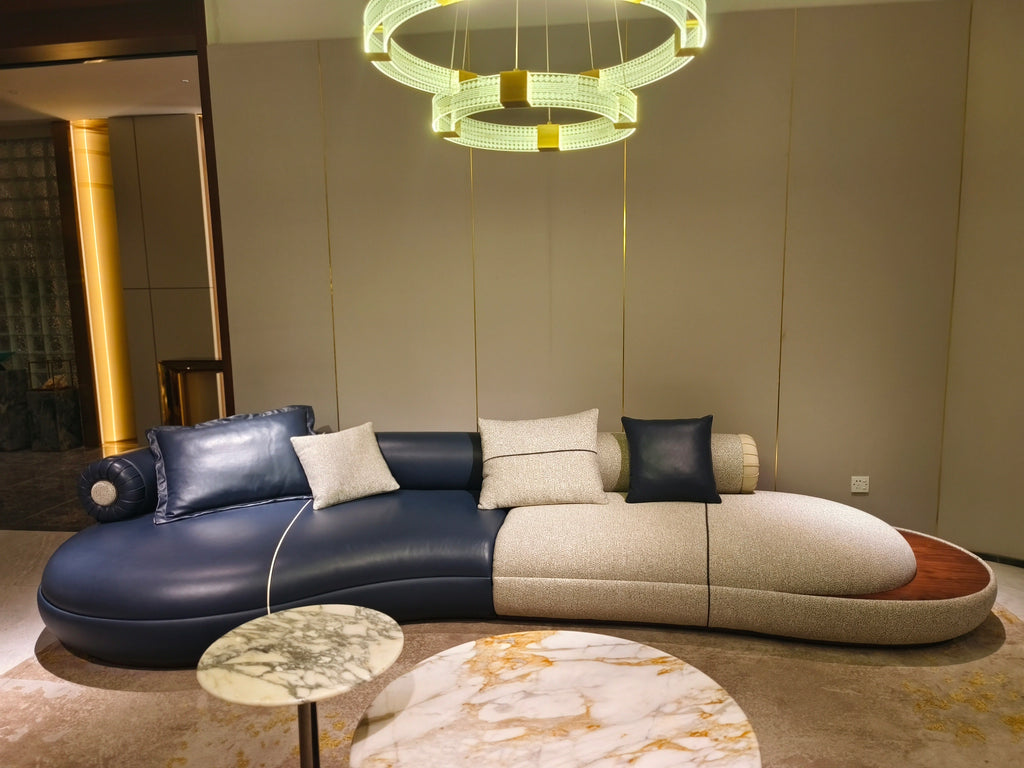 Premium Navy & Beige Curved Sofa with Accent Pillows