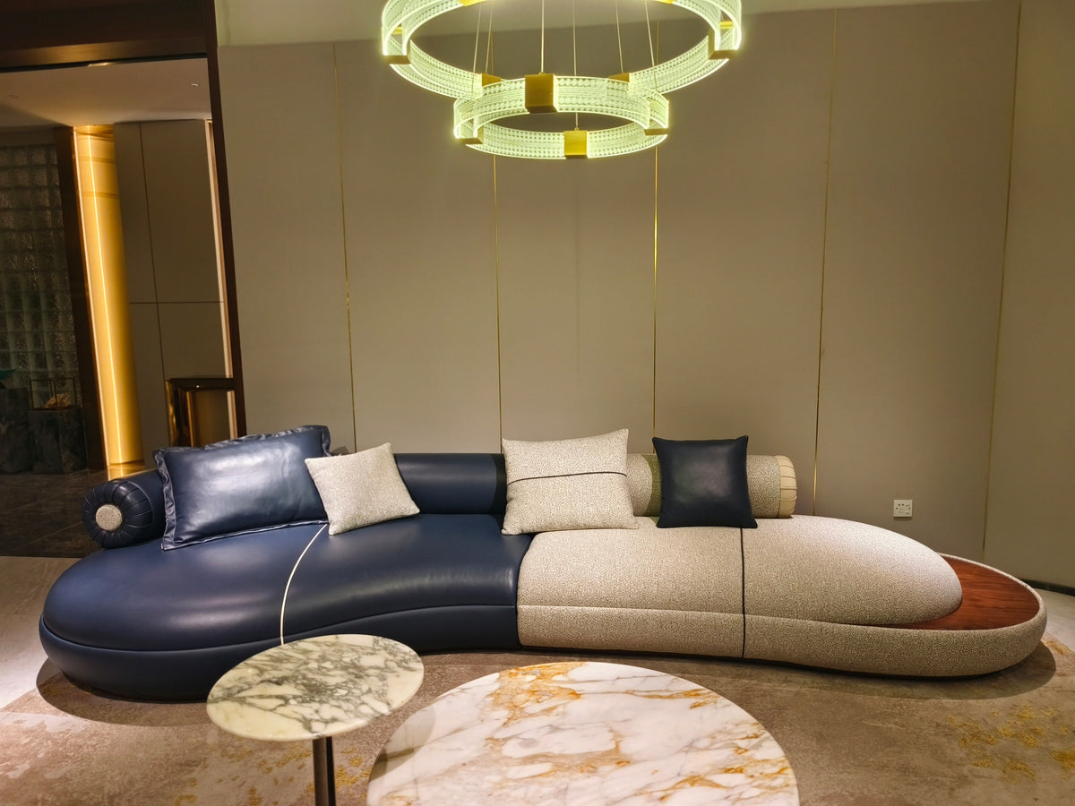 Premium Navy & Beige Curved Sofa with Accent Pillows