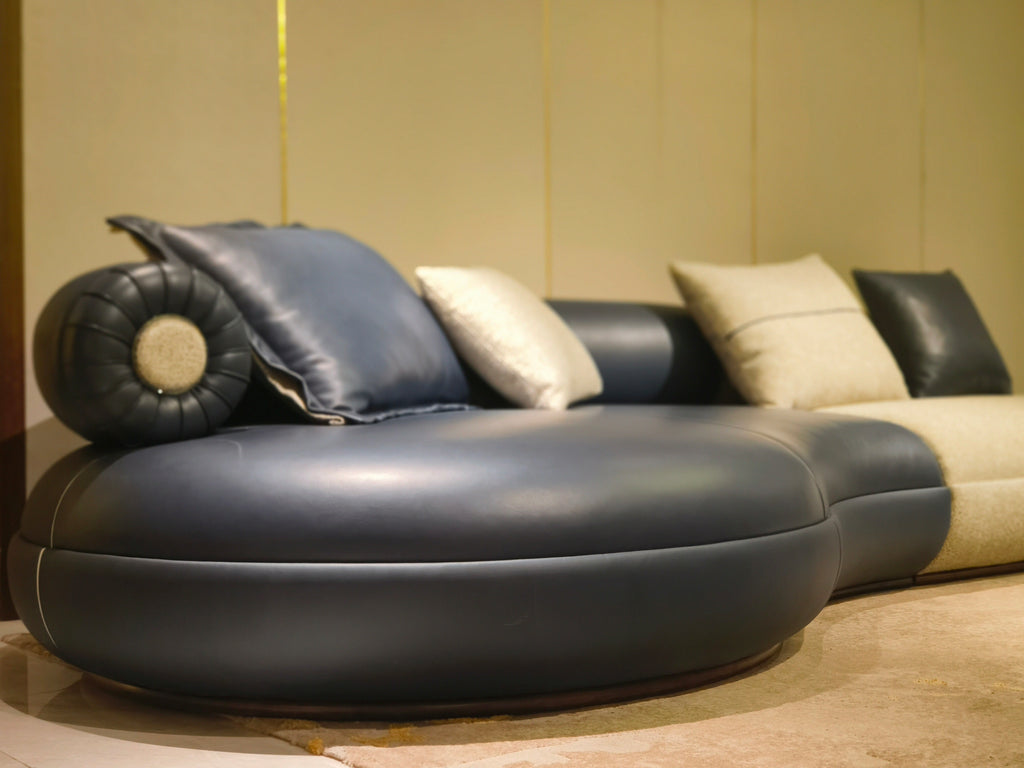 Premium Navy & Beige Curved Sofa with Accent Pillows