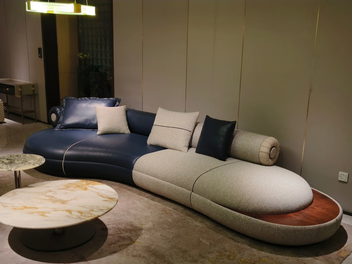 Premium Navy & Beige Curved Sofa with Accent Pillows
