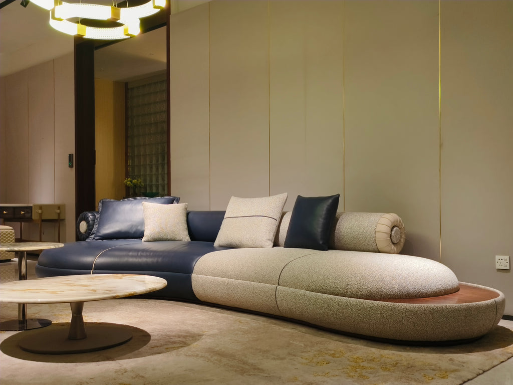 Premium Navy & Beige Curved Sofa with Accent Pillows