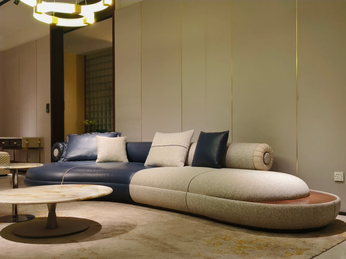 Premium Navy & Beige Curved Sofa with Accent Pillows
