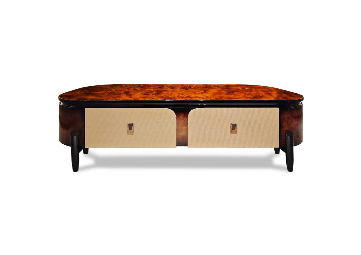 Luxury Burl Veneer Coffee Table with Beige Storage Drawers