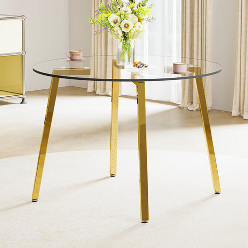 Modern minimalist style circular transparent tempered glass table, tempered glass tabletop, golden metal legs, suitable for kitchen, dining room, and living room, 42 '* 42' * 29.5 '1123r