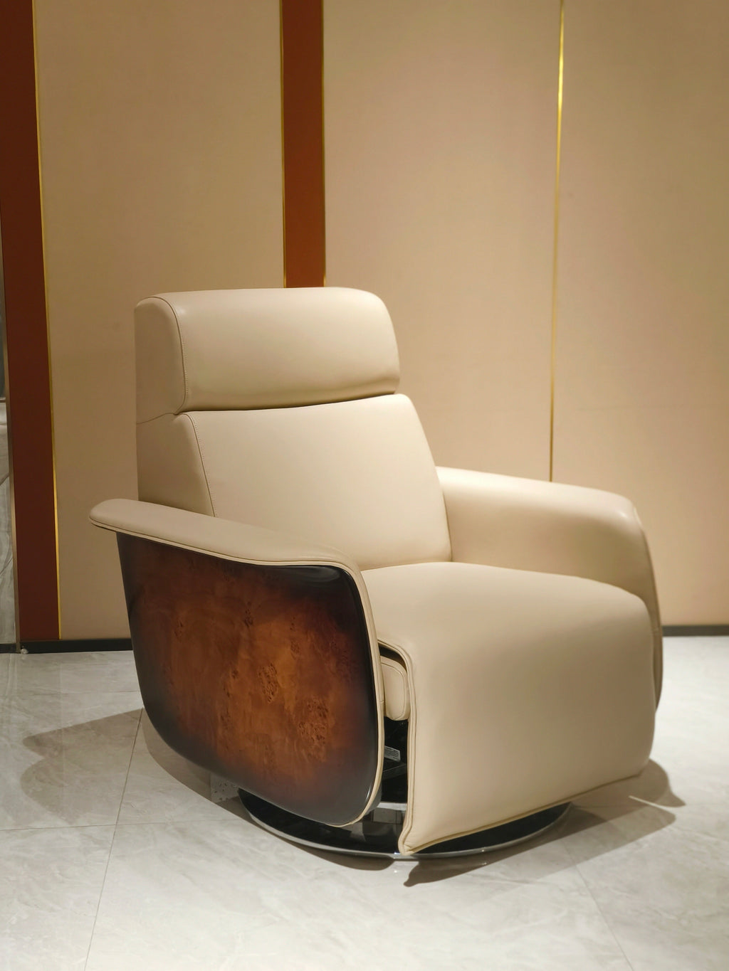 Luxury Leather Swivel Recliner with Wood Accents