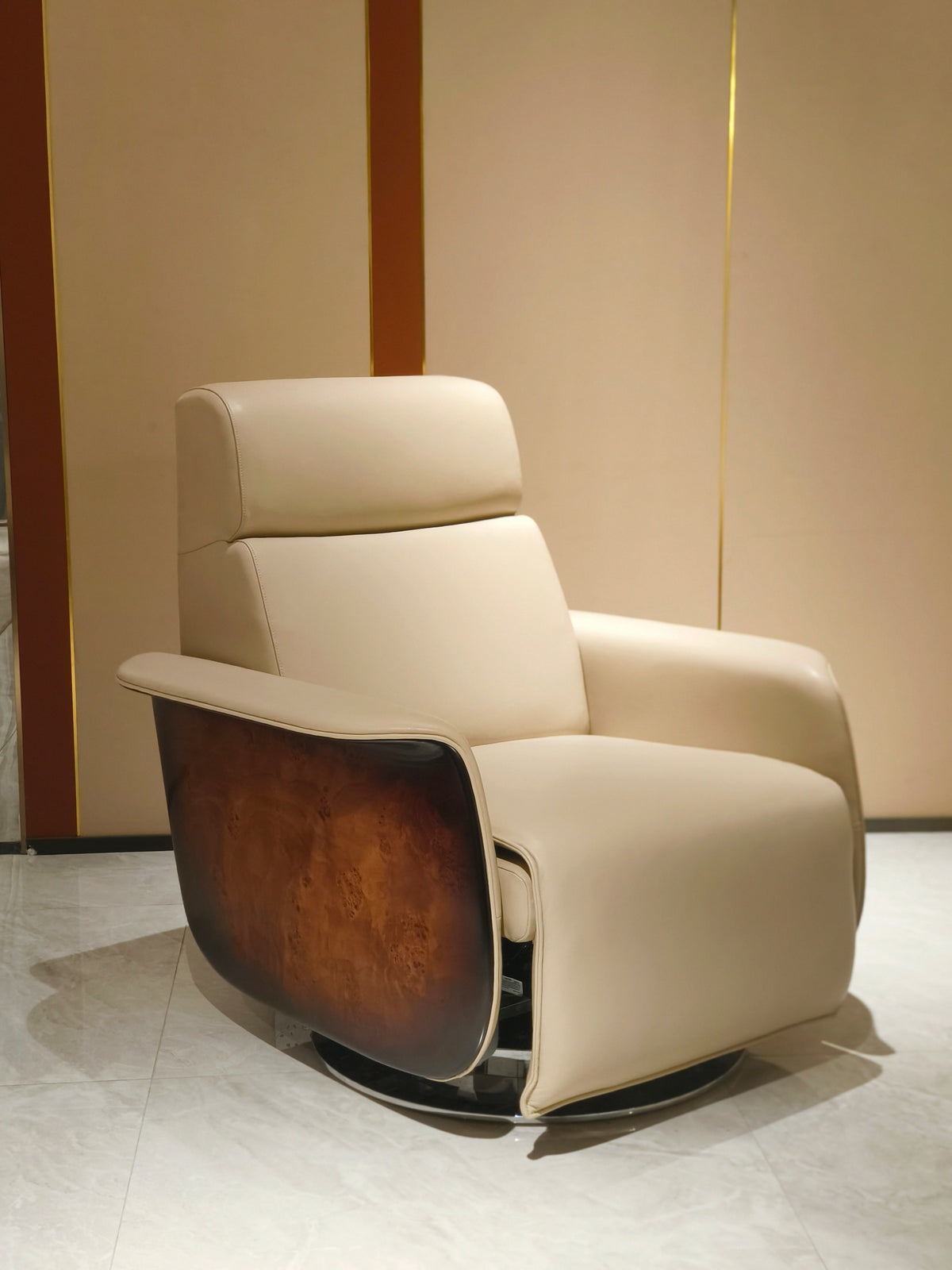 Luxury Leather Swivel Recliner with Wood Accents