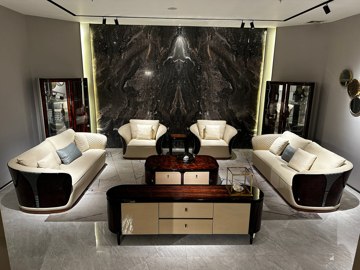 Elegant Beige Upholstered Sofa with Contrast Pillows