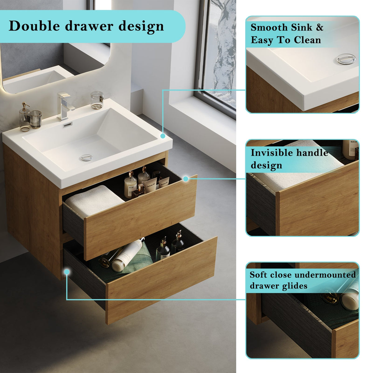 Wall-Mounted Bath Vanity in Old Wood with White Resin Vanity Top