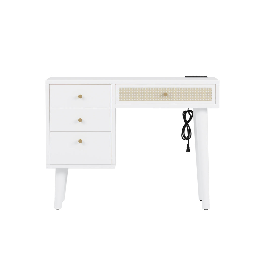 39" Retro Bohemian Style Wooden Makeup Vanity Set with Charging Plug&USB Port and Stool