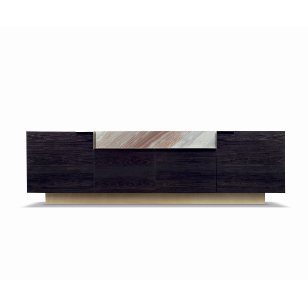 Luxury Dark Wood Sideboard with Marble Inlay and Gold Base