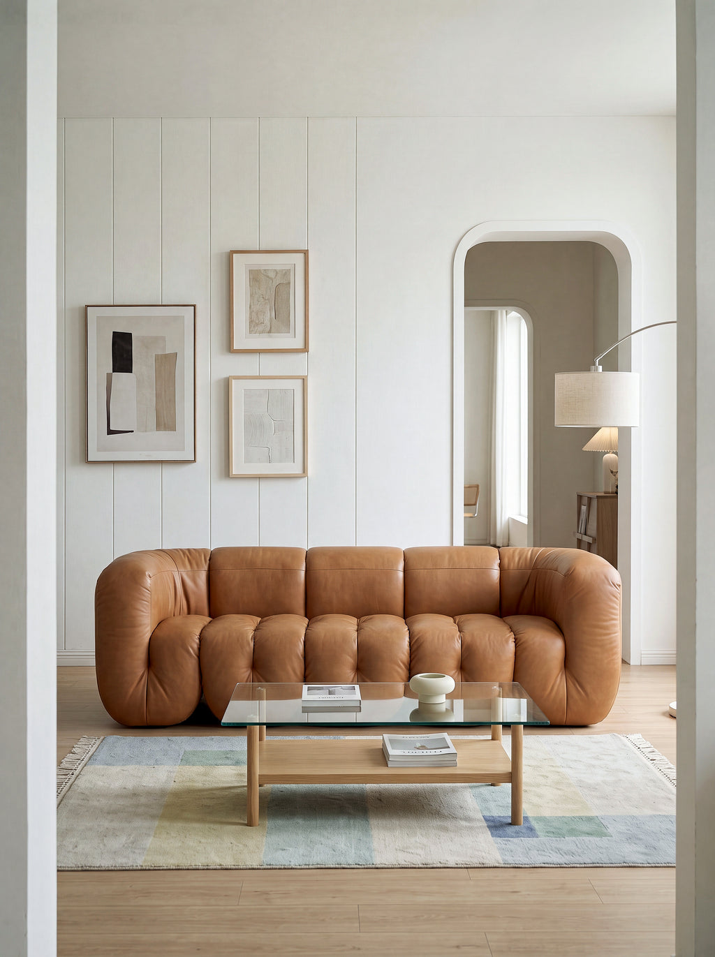 Vertical Tufted Brown Leather Curved Sofa for Luxury Residence QY-S1564