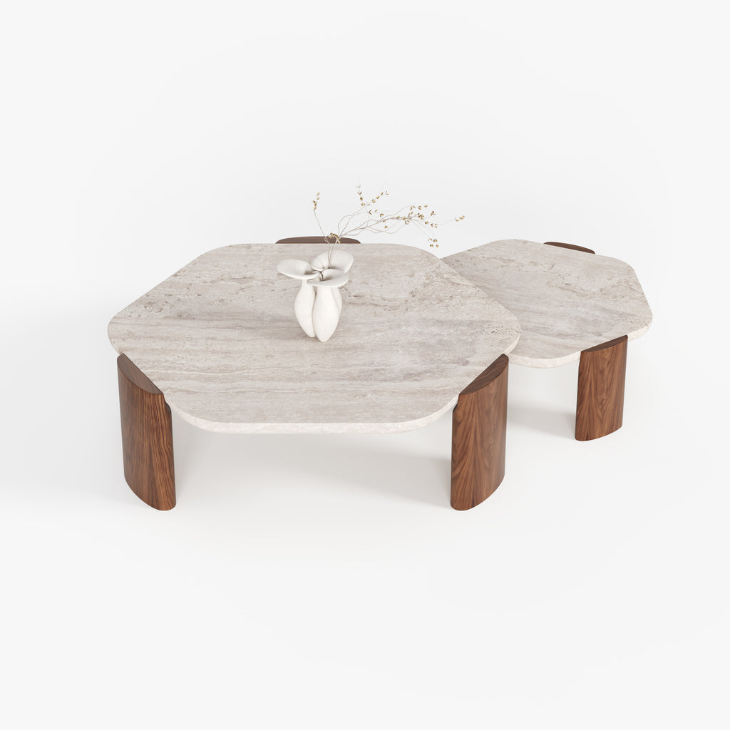 Round Stone Top Solid Wood Leg Coffee Table A003