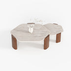 Round Stone Top Solid Wood Leg Coffee Table A003