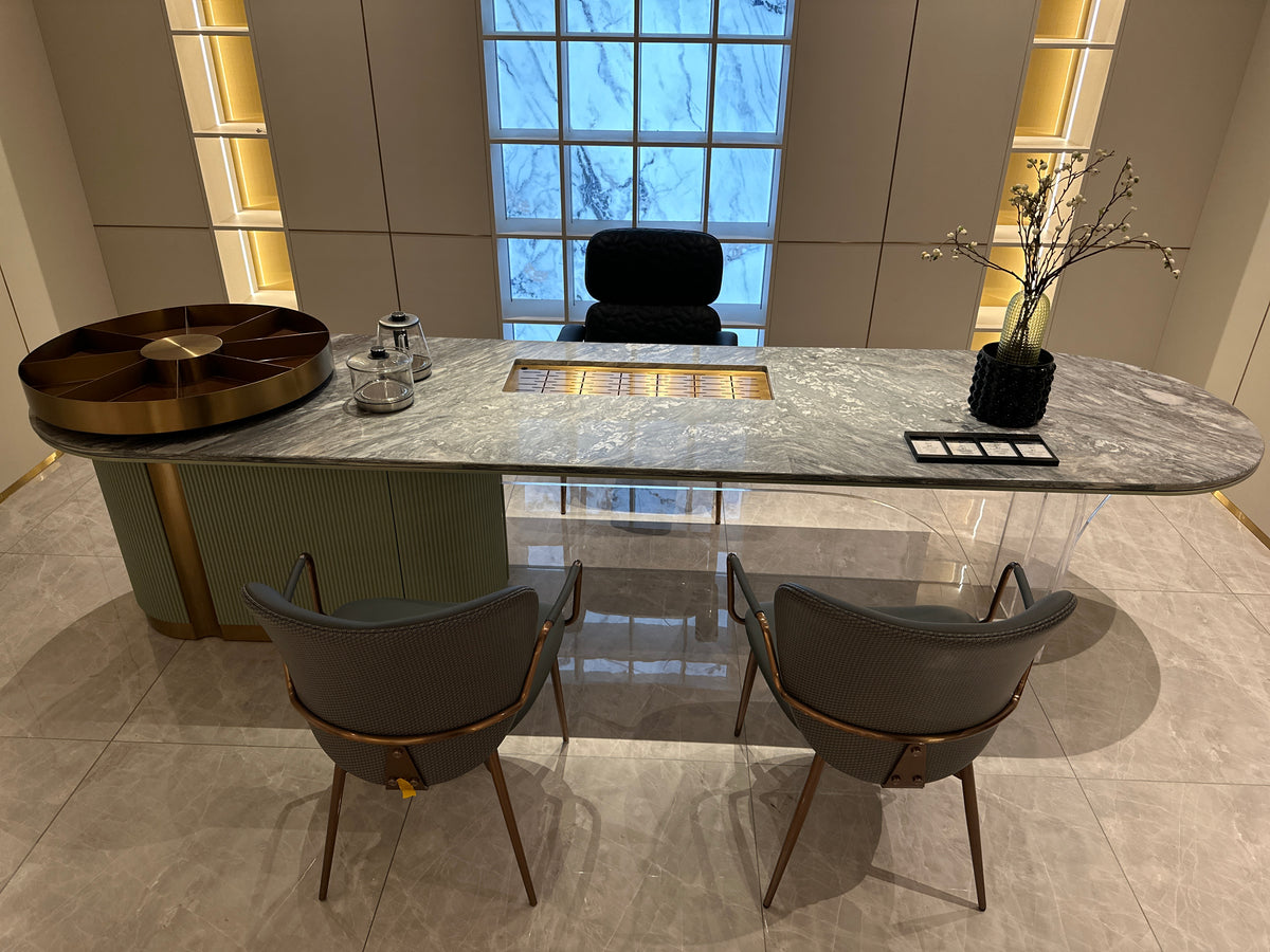 Luxury Marble & Wood Executive Desk with Acrylic Base