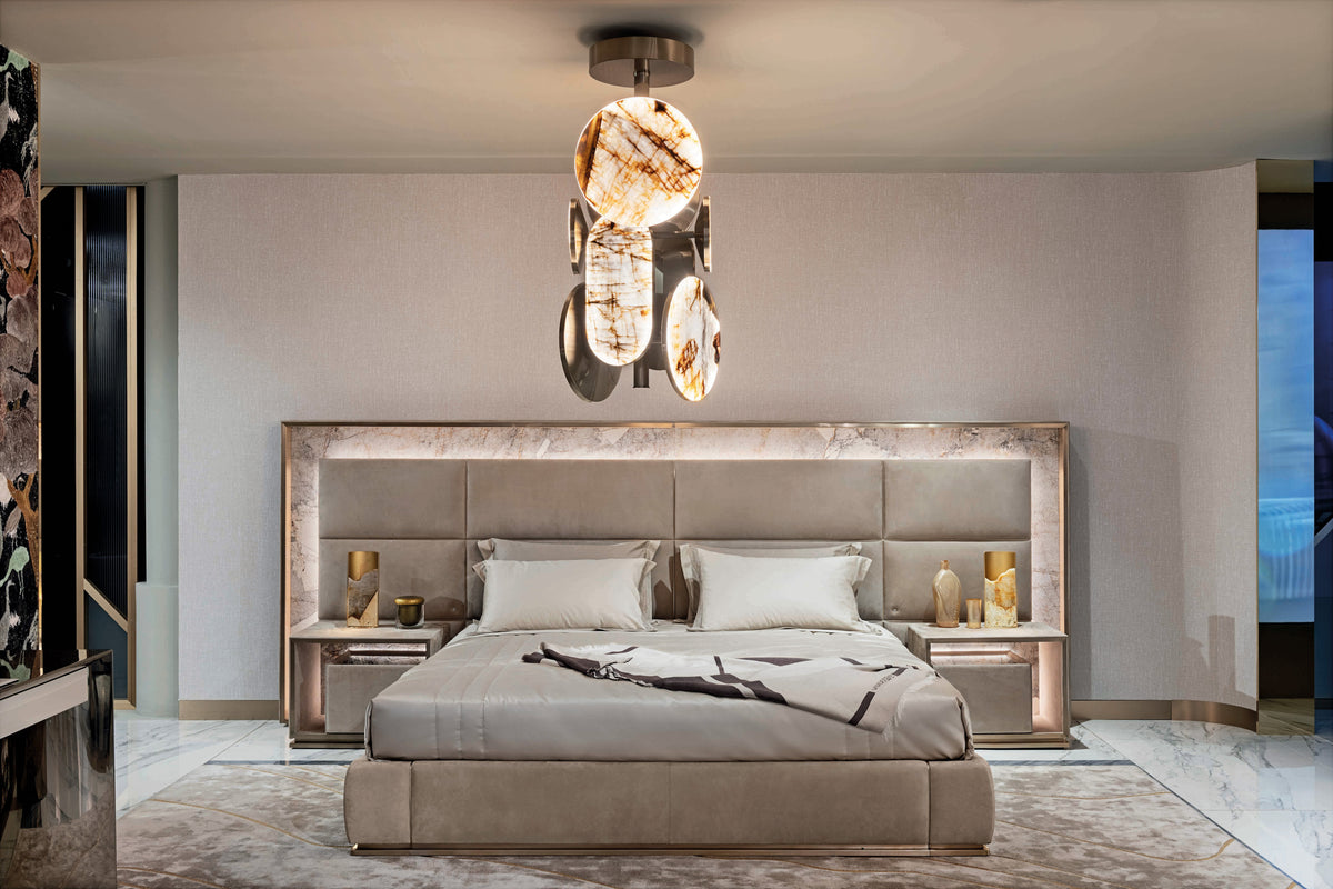 Luxury Marble-Accented Upholstered Mattress with Integrated Nightstands
