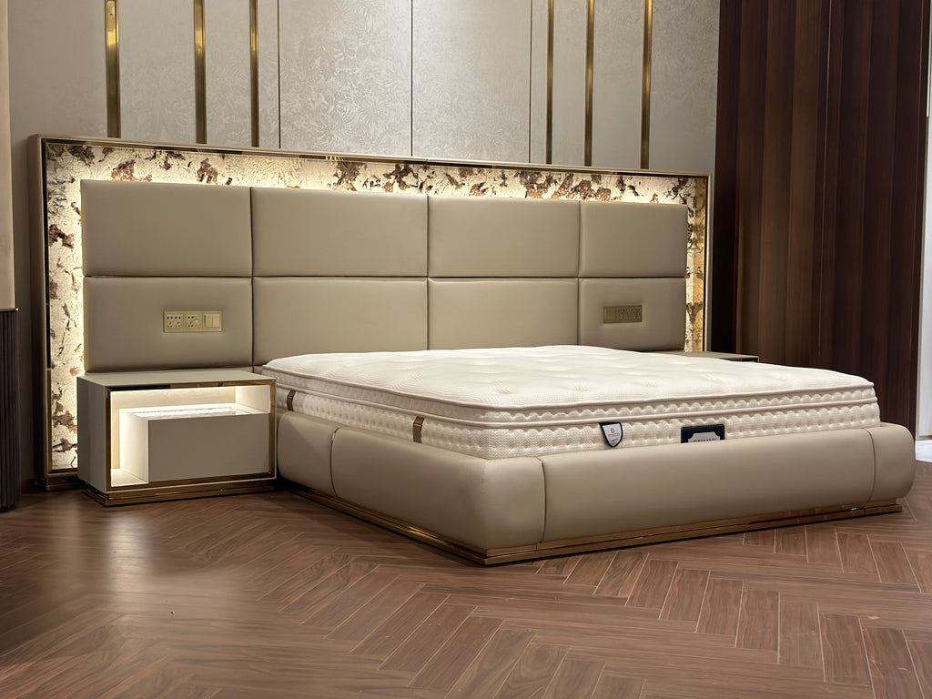 Luxury Marble-Accented Upholstered Mattress with Integrated Nightstands