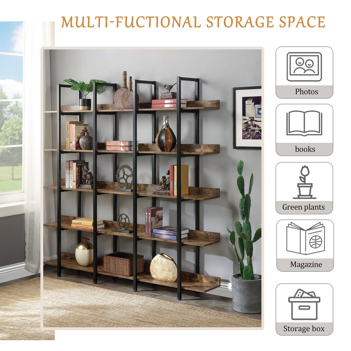 5 Tier Bookcase Home Office Open Bookshelf