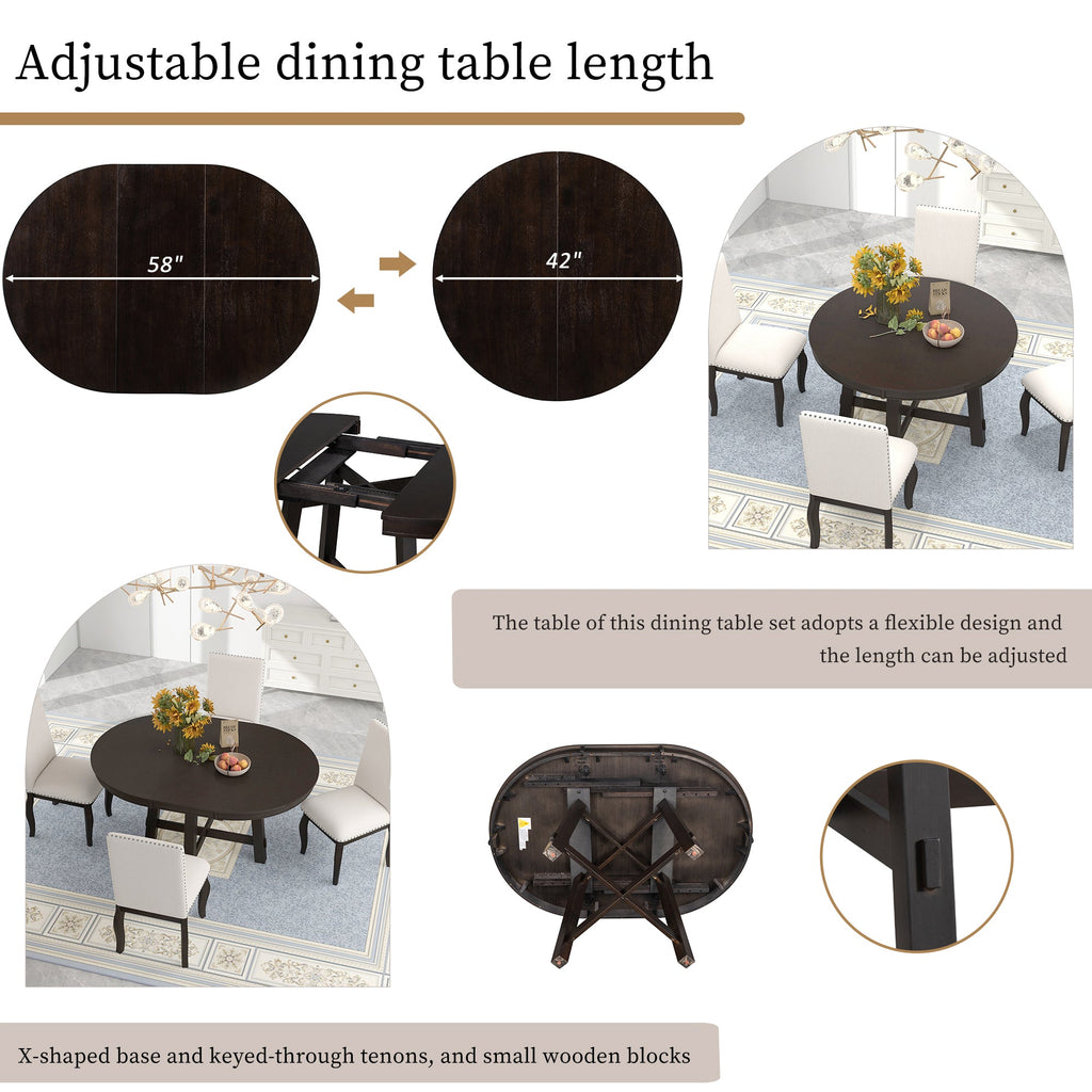 Round Extendable Dining Table with 16" Leaf Wood Kitchen Table