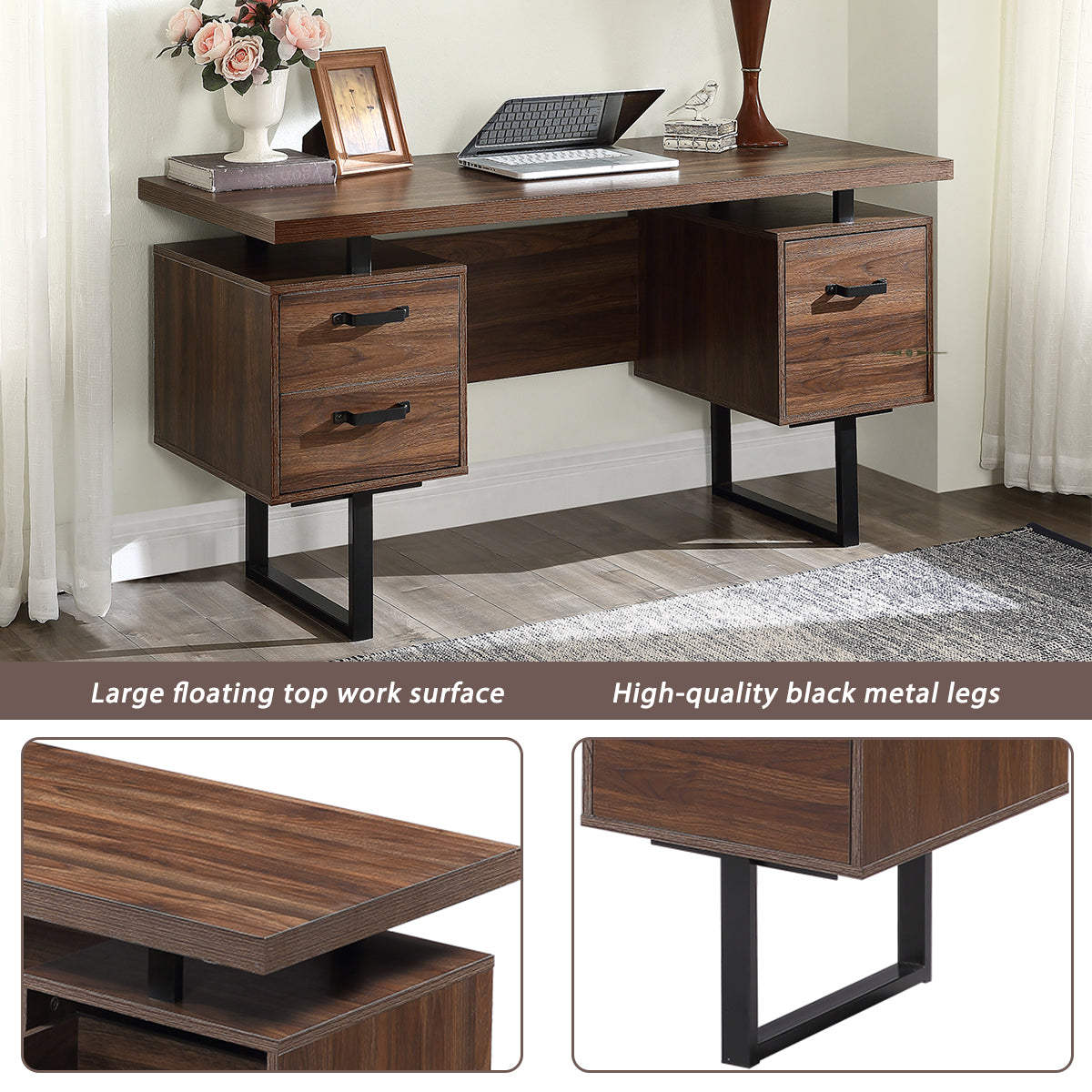 59 inch Writing Study Table with Drawers